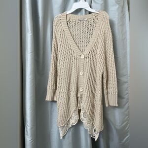 Chloe K Beige Knit Cardigan with Lace Detail